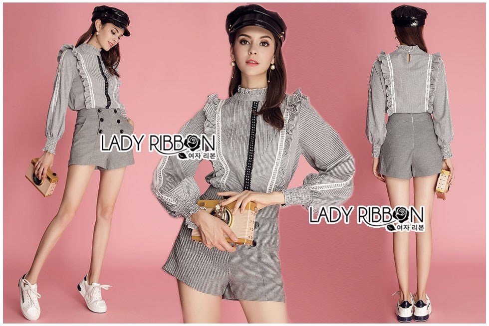 เสื้อผ้าเกาหลี พร้อมส่ง เซ็ตเสื้อแขนยาวผ้าลายสก็อต
