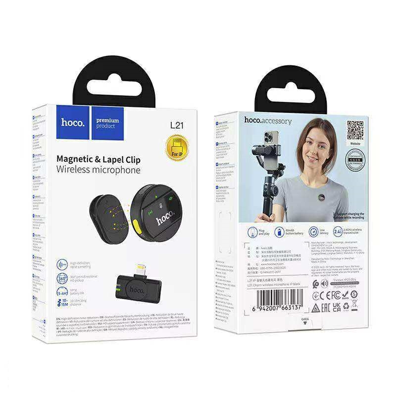 Hoco L21 Magnetic & Lapel Clip Wireless Microphone for iP ไมโครโฟนไร้สายตัดเสียงรบกวน หนีบเสื้อผ้า