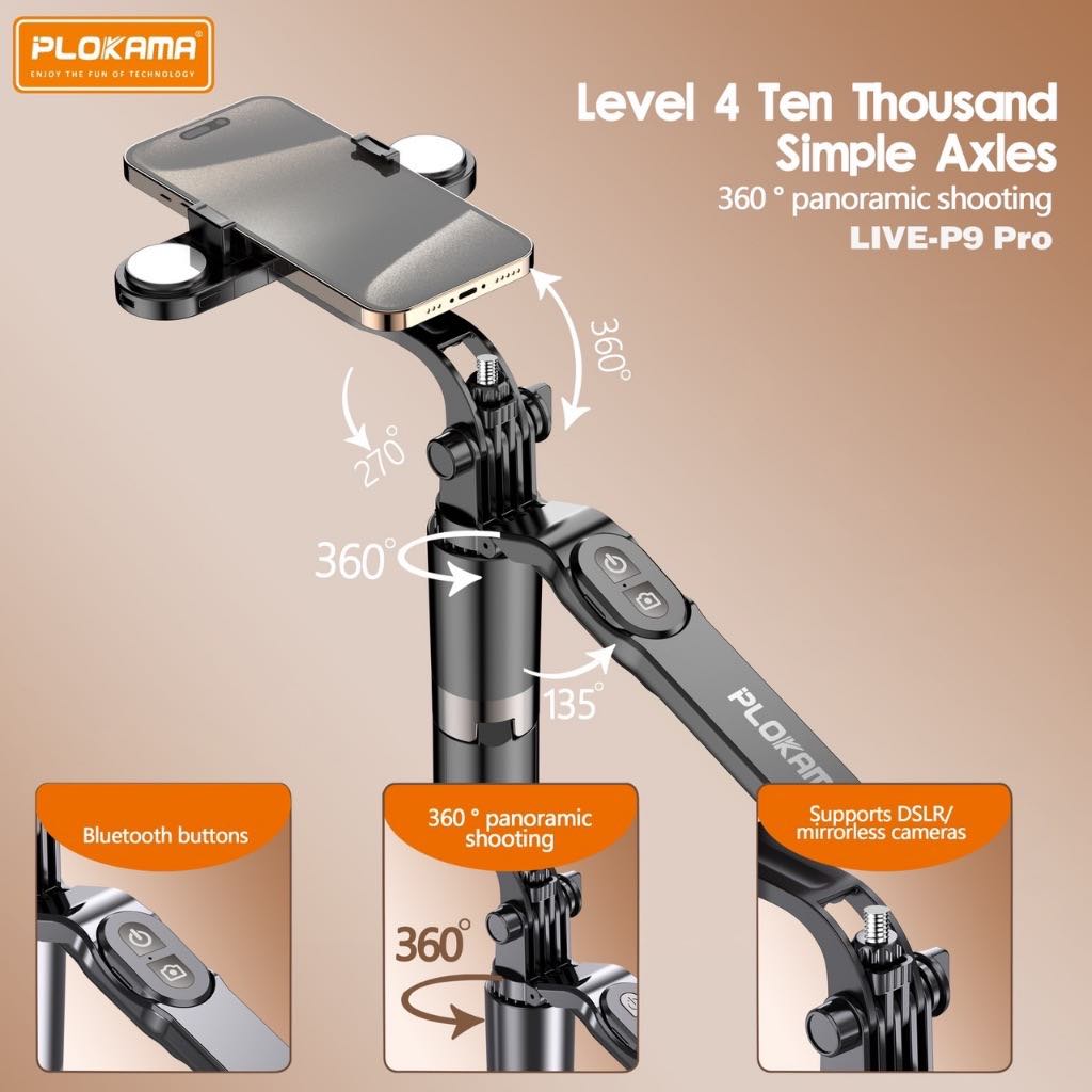 ไม้เซลฟี่มีไฟ พร้อมขาตั้งในตัว PLOKAMA LIVE-P9 PRO