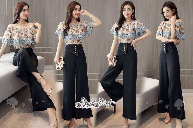 เสื้อผ้าเกาหลี พร้อมส่ง เสื้อเปิดไหล่ ลายดอกไม้