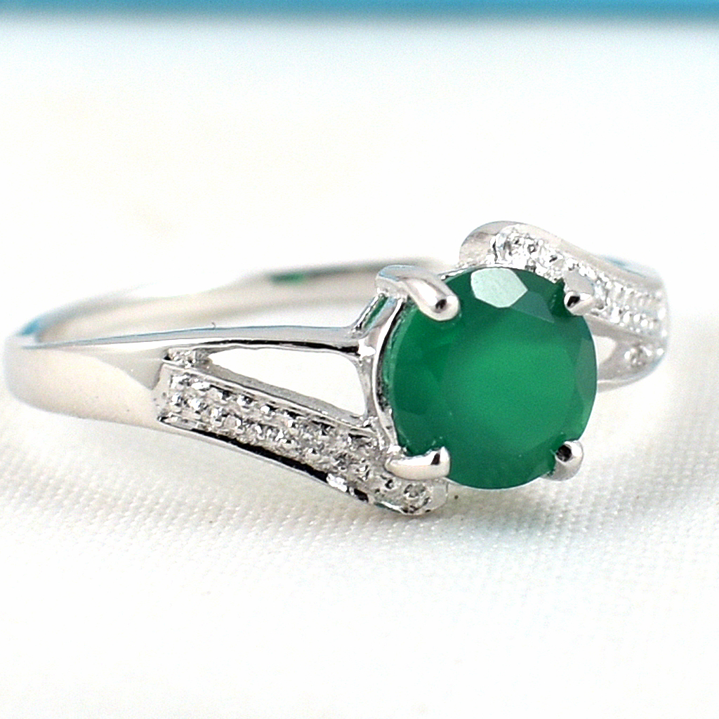 SKJewelryFactory แหวนพลอยกลม แหวนเงินแท้ 92.5% ฝังพลอยกรีนอะเกทแท้ ER02415-GAG