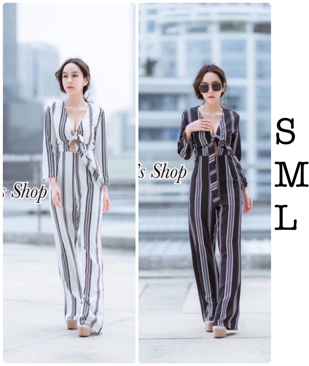 เสื้อผ้าเกาหลี พร้อมส่ง จั้มสูทขายาว ลายทาง