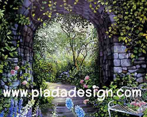 กระดาษสาพิมพ์ลาย สำหรับทำงาน เดคูพาจ Decoupage แนวภาำพ บ้านและสวน มองทะลุซุ้มหินโค้ง เป็นป่าต้นไม้(ปลาดาวดีไซน์)