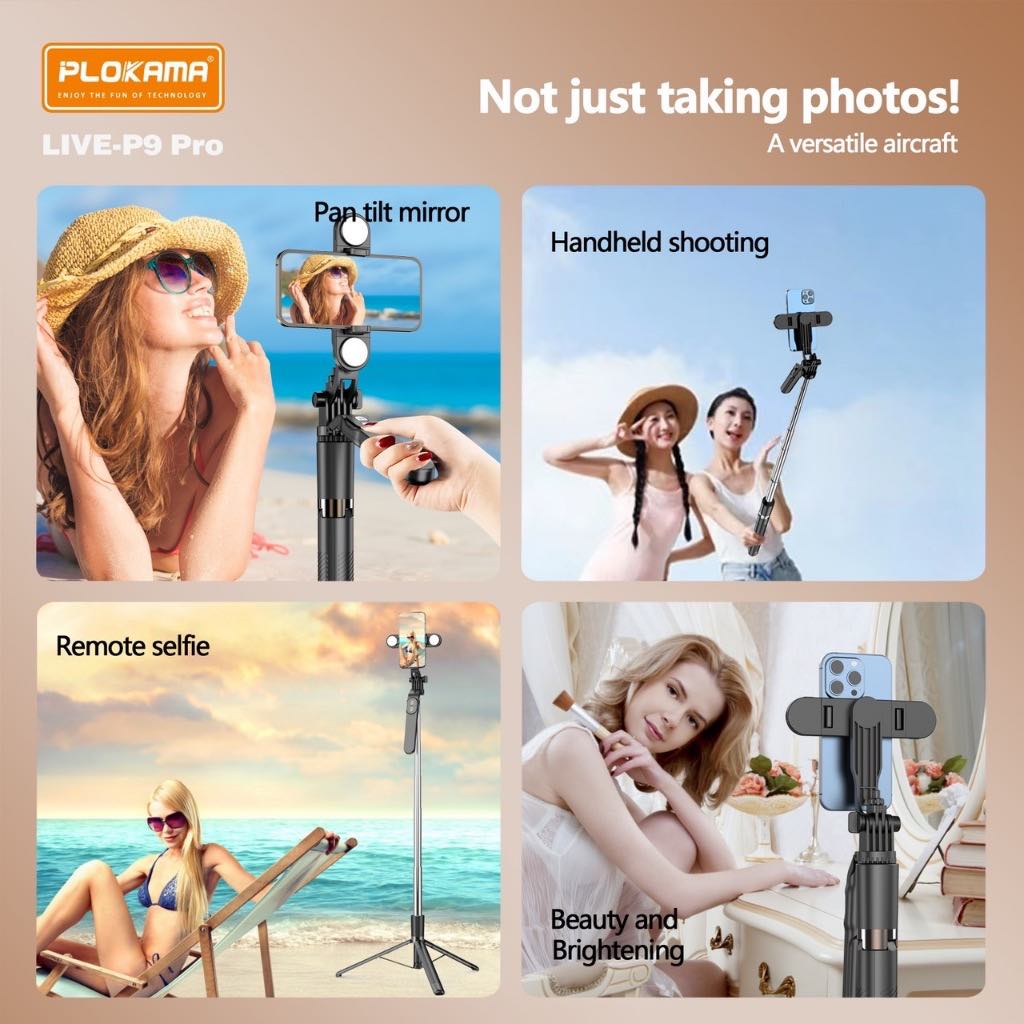 ไม้เซลฟี่มีไฟ พร้อมขาตั้งในตัว PLOKAMA LIVE-P9 PRO