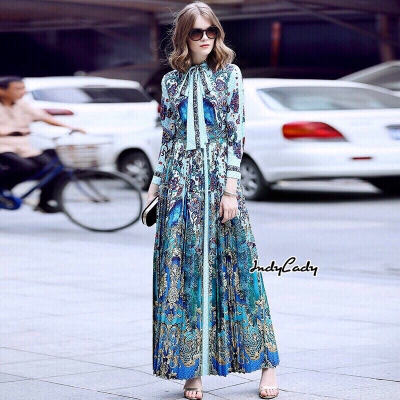ชุดเดรสเกาหลี พร้อมส่ง เดรสยาว กระโปรงบาน จับจีบรอบตัว