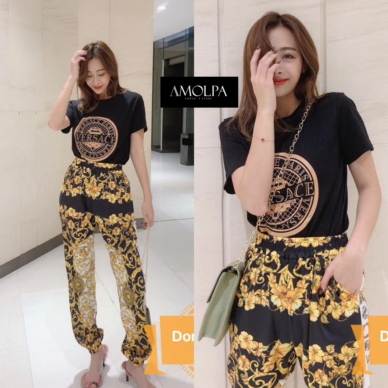 เสื้อผ้าแฟชั่นเกาหลี พร้อมส่ง Set เสื้อ+กางเกง VERSACE