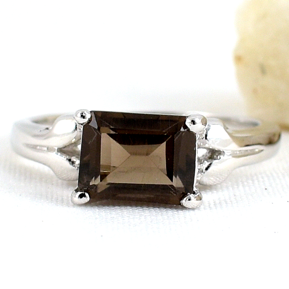 SKJewelryfactory แหวนงพลอยสโมกกี้ควอทซ์แท้ ทรงเหลี่ยม ER02396-SMQ