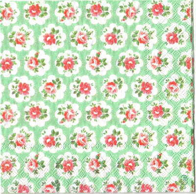 แนวภาพ Cath Kidston ดอกไม้ กุหลาบจิ๋ว ในกรอบดอกไม้ พื้นเขียว เป็นภาพกระจายเต็มแผ่น กระดาษแนพกิ้นสำหรับทำงาน เดคูพาจ Decoupage Paper Napkins ขนาด 33X33cm