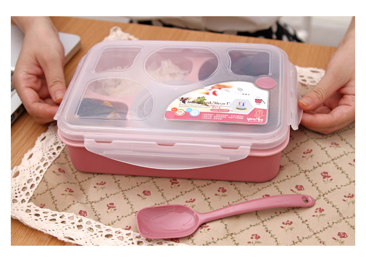 กล่องข้าว กล่องใส่อาหาร กล่องใส่อาหารพกพา และอุ่นในไมโครเวฟได้ กล่องข้าวแบบ 5 ช่อง มาพร้อมกระปุกใส่ซุปและช้อน