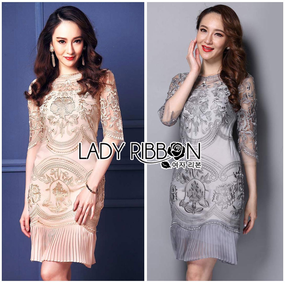 พร้อมส่ง เดรสผ้าทูลเลปักลายลูกไม้ตกแต่งชายพลีตสุดหรู