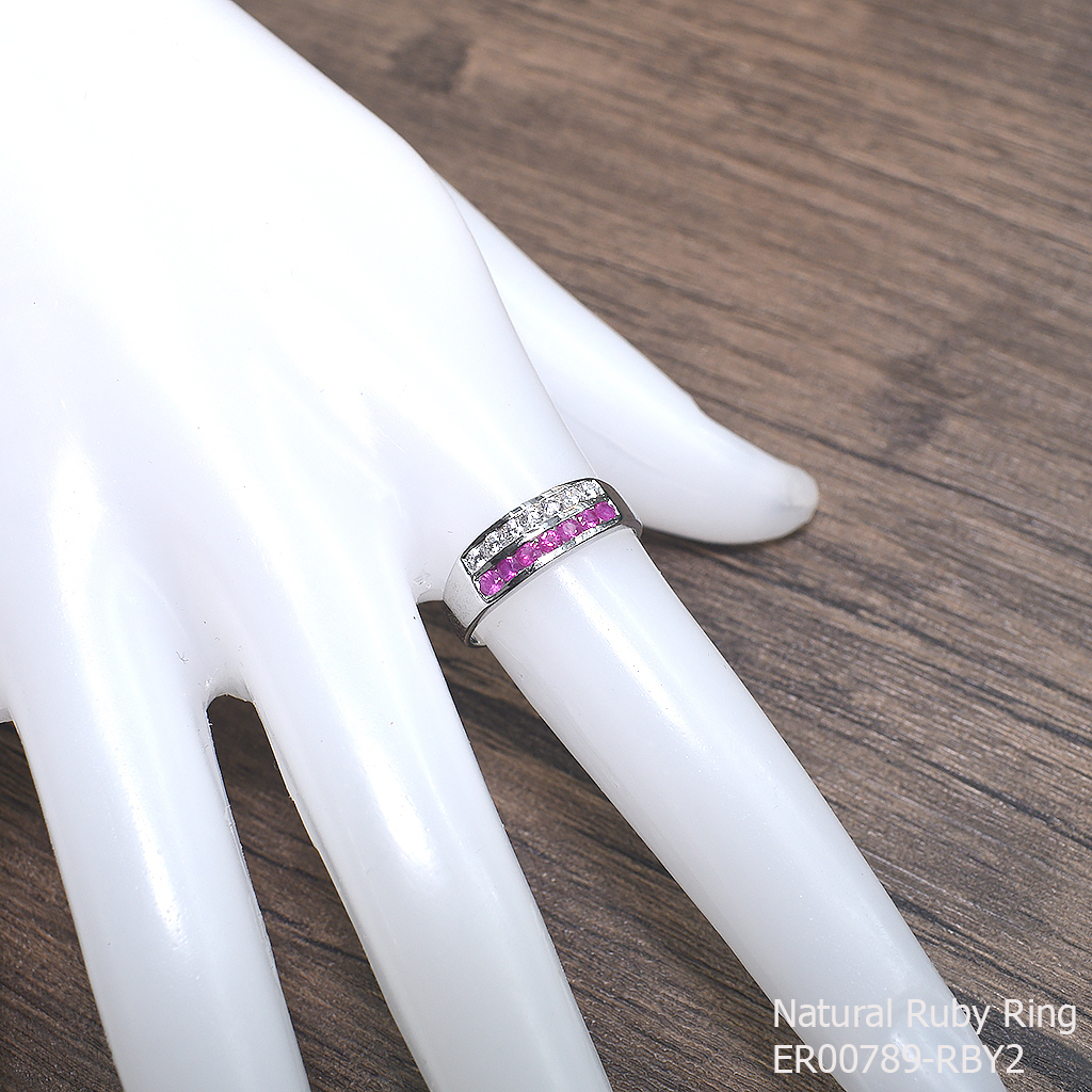 SKJewelryfactory แหวนเงินแท้ 92.5% ฝังพลอยทับทิมแท้ สลับเพชร สไตล์แหวนแถว ER00789-RBY2