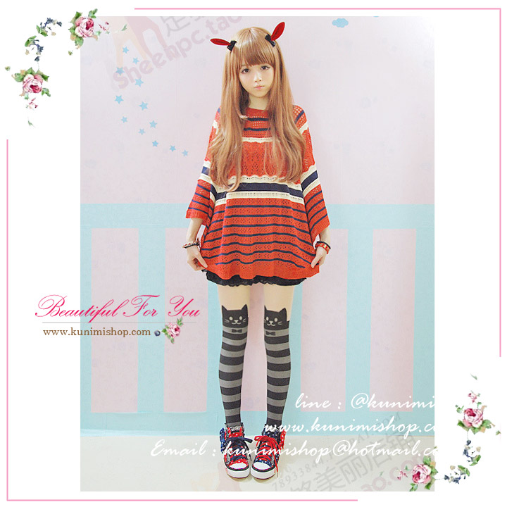ถุงน่องแบบเต็มตัวน่ารัก สีทูโทน เนื้อและดำ ลายแมวเหมียว ลายขวางสลับขาวดำ ใส่ไปงานแฟนซี งานเลี้ยง สวย นา่รักคะ ขนาด FREE SIZE 