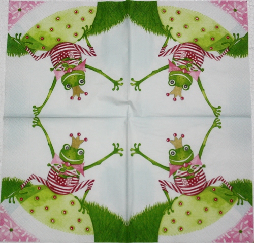 แนวภาพการ์ตูน เจ้าชายกบ นั่งบนไข่ Frog สัตว์ เป็นภาพบล็อค 4 กระดาษแนพกิ้นสำหรับทำงาน เดคูพาจ Decoupage Paper Napkins ขนาด 33X33cm