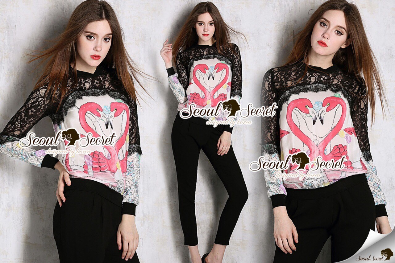 พร้อมส่ง เสื้อแฟชั่นงานพิมพ์ลายนก Flamingo