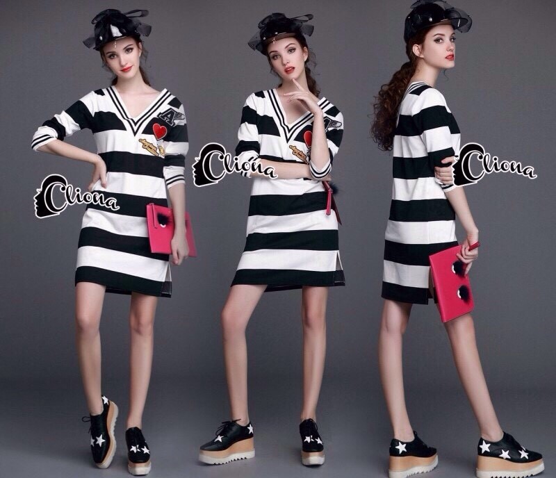 พร้อมส่ง Dress แขน 5 ส่วน ลาย ขาวสลับดำ