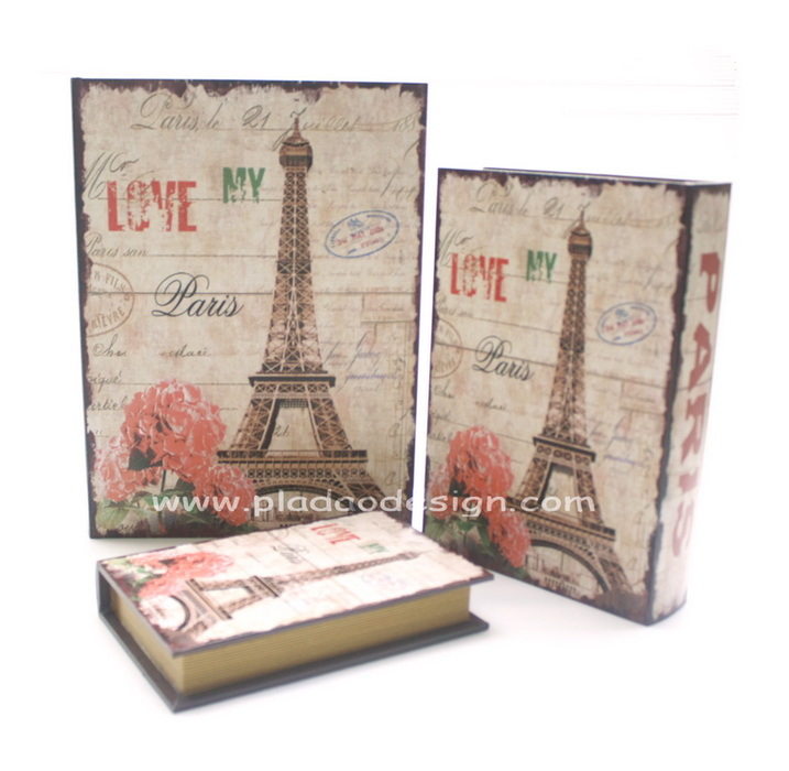 กล่องเก็บของทรงหนังสือแนววินเทจ 3 ใบชุด ลาย Love My Paris Effel