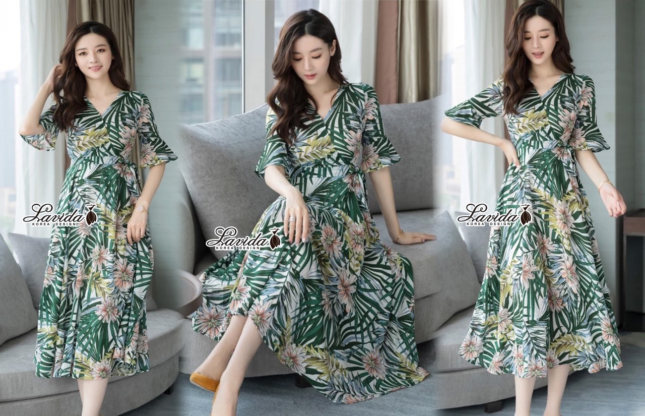 ชุดเดรสเกาหลี พร้อมส่ง Maxi Dress พิมพ์ลายใบไม้และดอกไม้