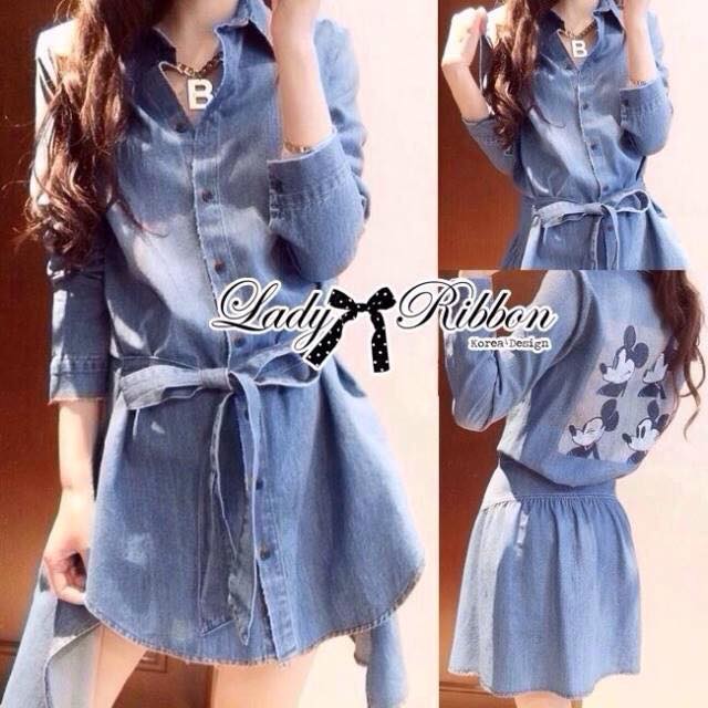 พร้อมส่ง เชิ้ตเดรสผ้าเดนิมพิมพ์ลายมิกกี้เมาส์ เดรสเกาหลี