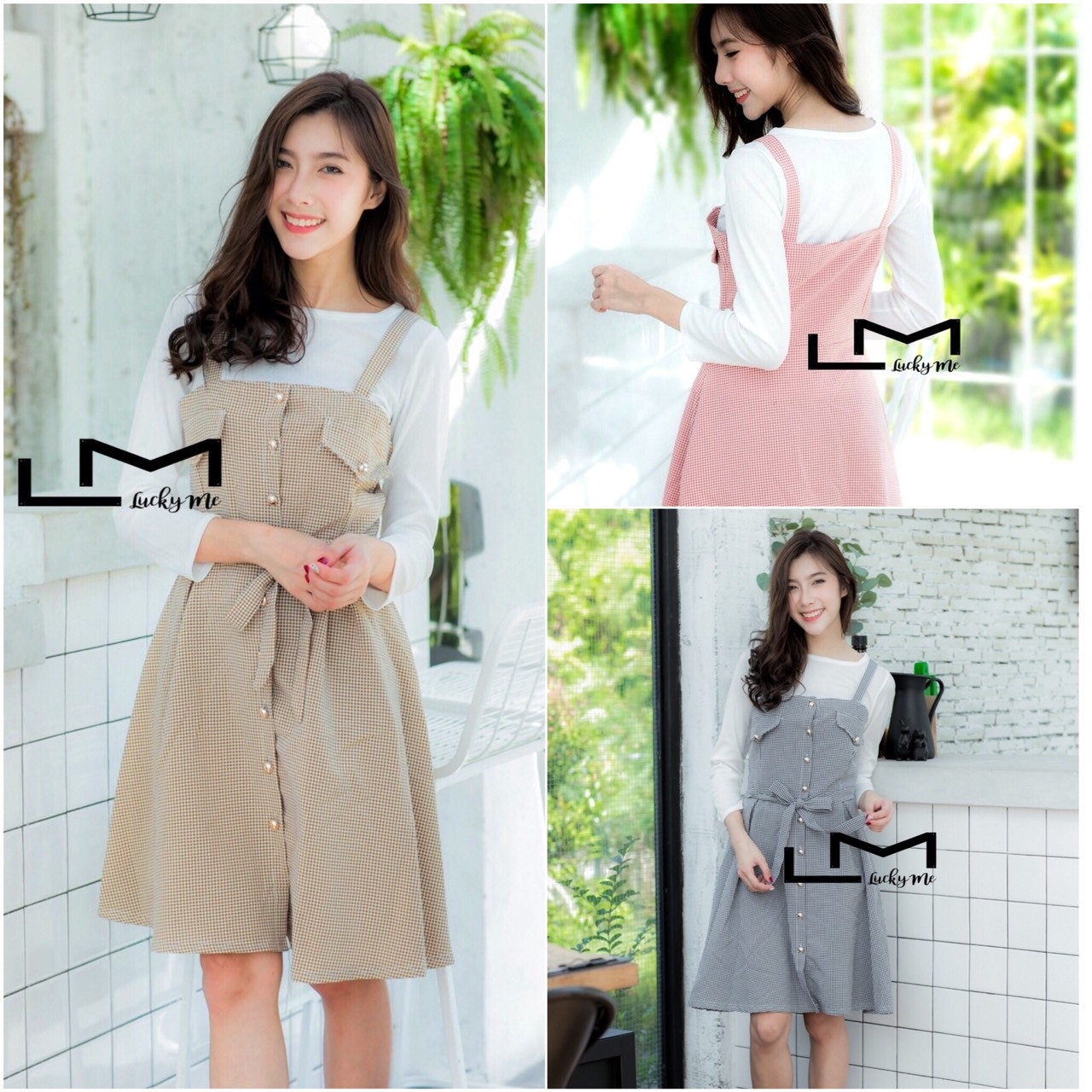 เสื้อผ้าเกาหลี พร้อมส่ง เสื้อแขนยาว+เดรสลายตาราง