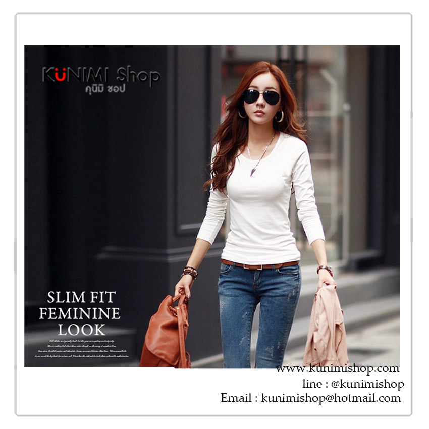 GP002 เสื้อยืด คอกลมแขนยาว สีขาว เนื้อผ้ามีความยืดหยุ่น ขนาด Free size รอบอกไม่เกิน 36 นิ้ว