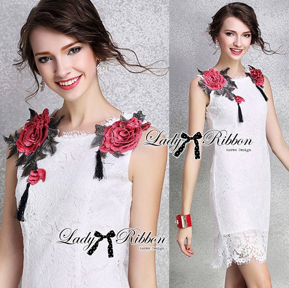 พร้อมส่ง ชุดเดรสแขนกุดผ้าลูกไม้
