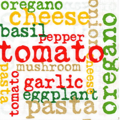 แนวภาพลายแต่ง ตัวหนังสือ ผัก Tomato Mushroom Garlic เป็นภาพบล็อค 4 กระดาษแนพกิ้นสำหรับทำงาน เดคูพาจ Decoupage Paper Napkins ขนาด 33X33cm