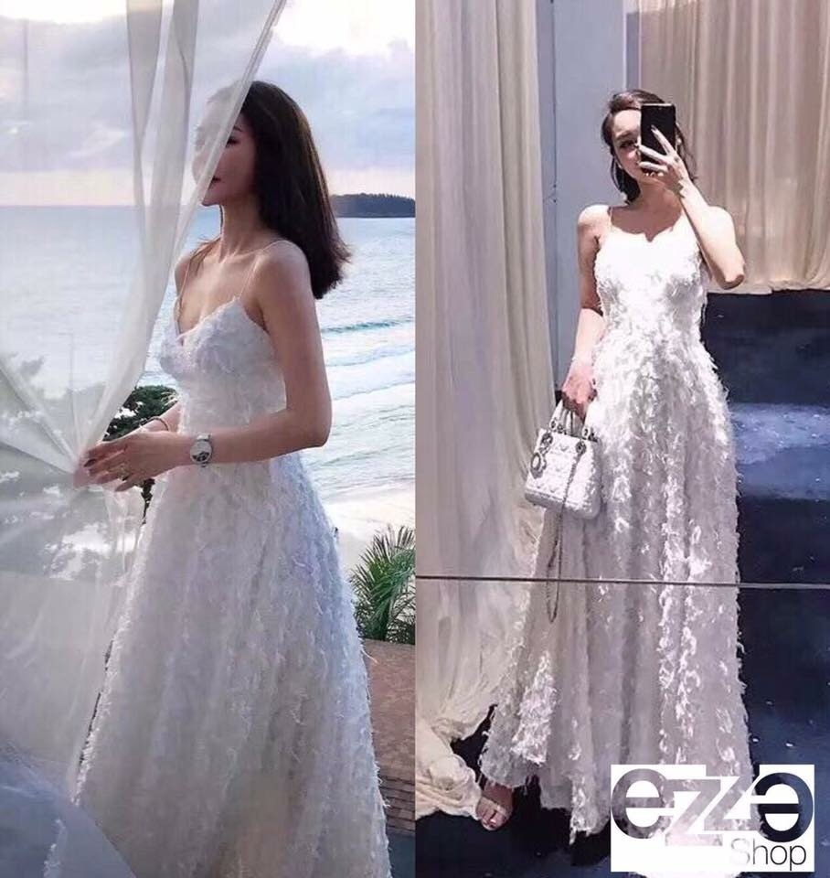 ชุดเดรสเกาหลี พร้อมส่ง แม็กซี่เดรส ผ้าลูกไม้3D
