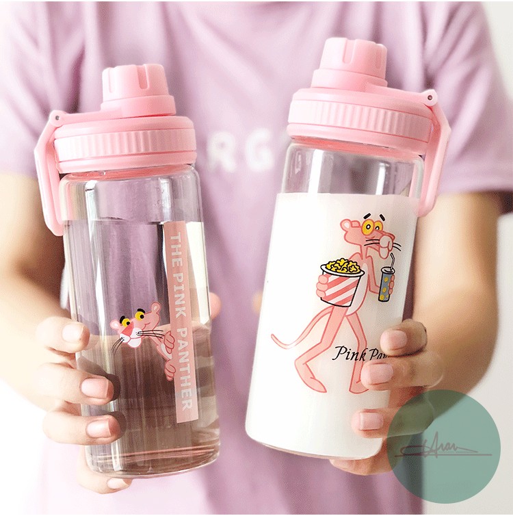 ขวดน้ำ ขวดนม Pink Panther พกพา แก้ว borosilicate ฝาดื่ม หมุนปิด มี 2 ขนาด 400 /500 ml.