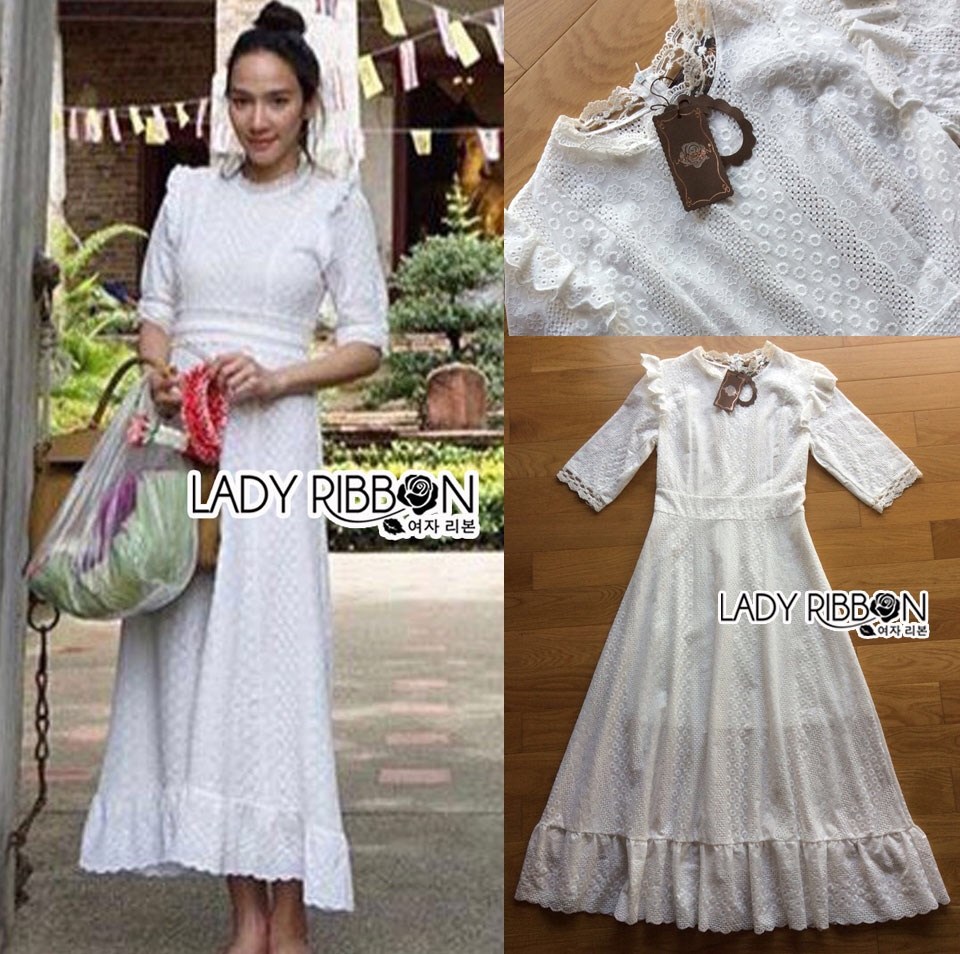 เดรสเกาหลี พร้อมส่ง เดรสยาว ผ้าคอตตอนปักลาย คอสูง