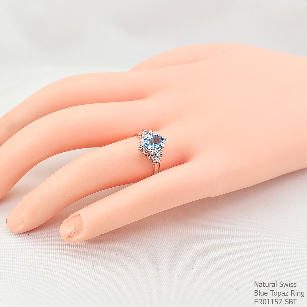 SKJewelryfactory แหวนเงินแท้ 92.5% ฝังพลอยสวิสบลูโทปาซแท้ สไตล์น่ารัก หรูหรา ER01157-SBT