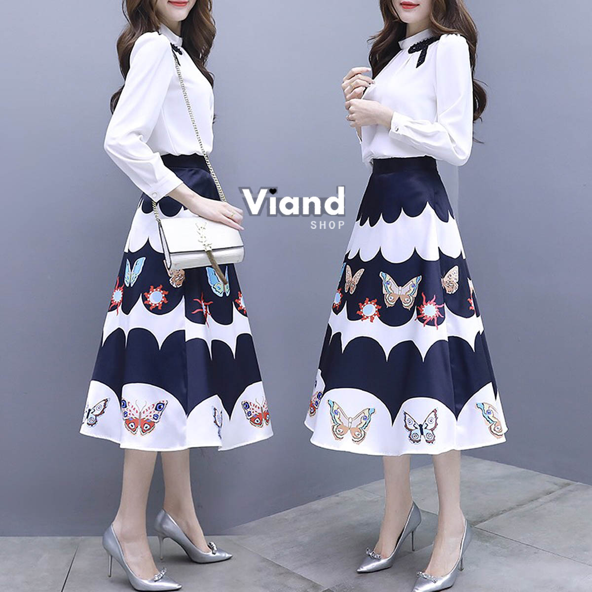 เสื้อผ้าแฟชั่น พร้อมส่ง เสื้อกระดุมหลัง กระโปรงผ้าซาติน