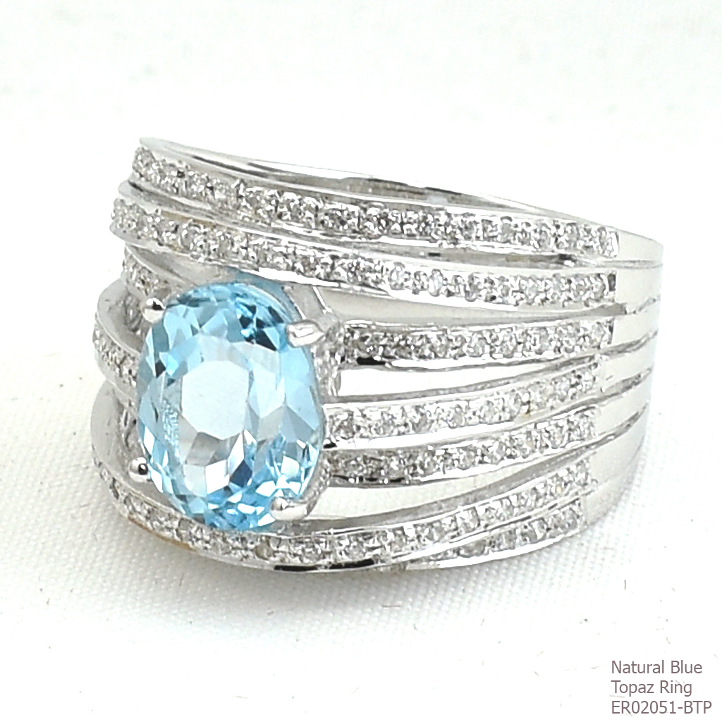 SKJewelryFactory แหวนพลอยบลูโทปาซแท้และเพชร ตัวเรือนเงินแท้ ดีไซน์เก๋ๆเพชรแถว เล่นระดับสูงต่ำ ER02051-BTP