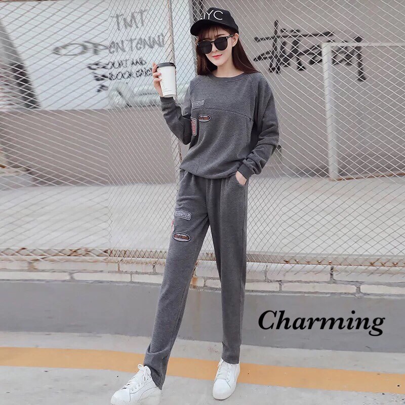 เสื้อผ้าเกาหลี พร้อมส่ง ชุดเซ็ทวอร์มเสื้อ+กางเกง แนวลุคเท่