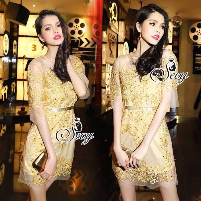 พร้อมส่ง เดรสออกงานสุดหรูรุ่นนี้ เนื้อผ้าลูกไม้ฝรั่งเศษสีทอง