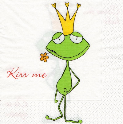 แนวภาพการ์ตูน เจ้าชายกบ รอจูบ Kiss Me สัตว์ เป็นภาพแนวนอน กระดาษแนพกิ้นสำหรับทำงาน เดคูพาจ Decoupage Paper Napkins ขนาด 33X33cm