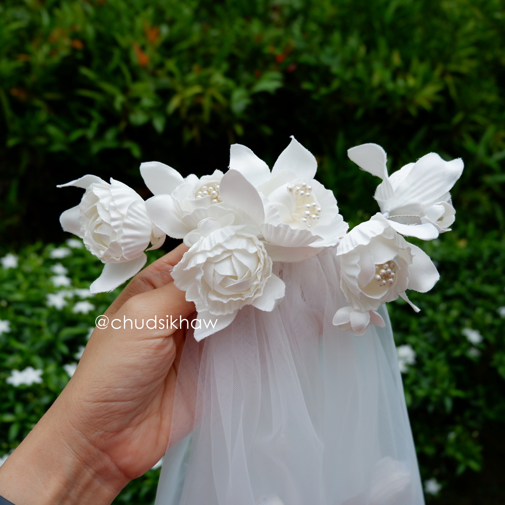 เวลเจ้าสาว Veil พร้อมดอกกุหลาบสีขาว เวลสีขาวออฟไวท์
