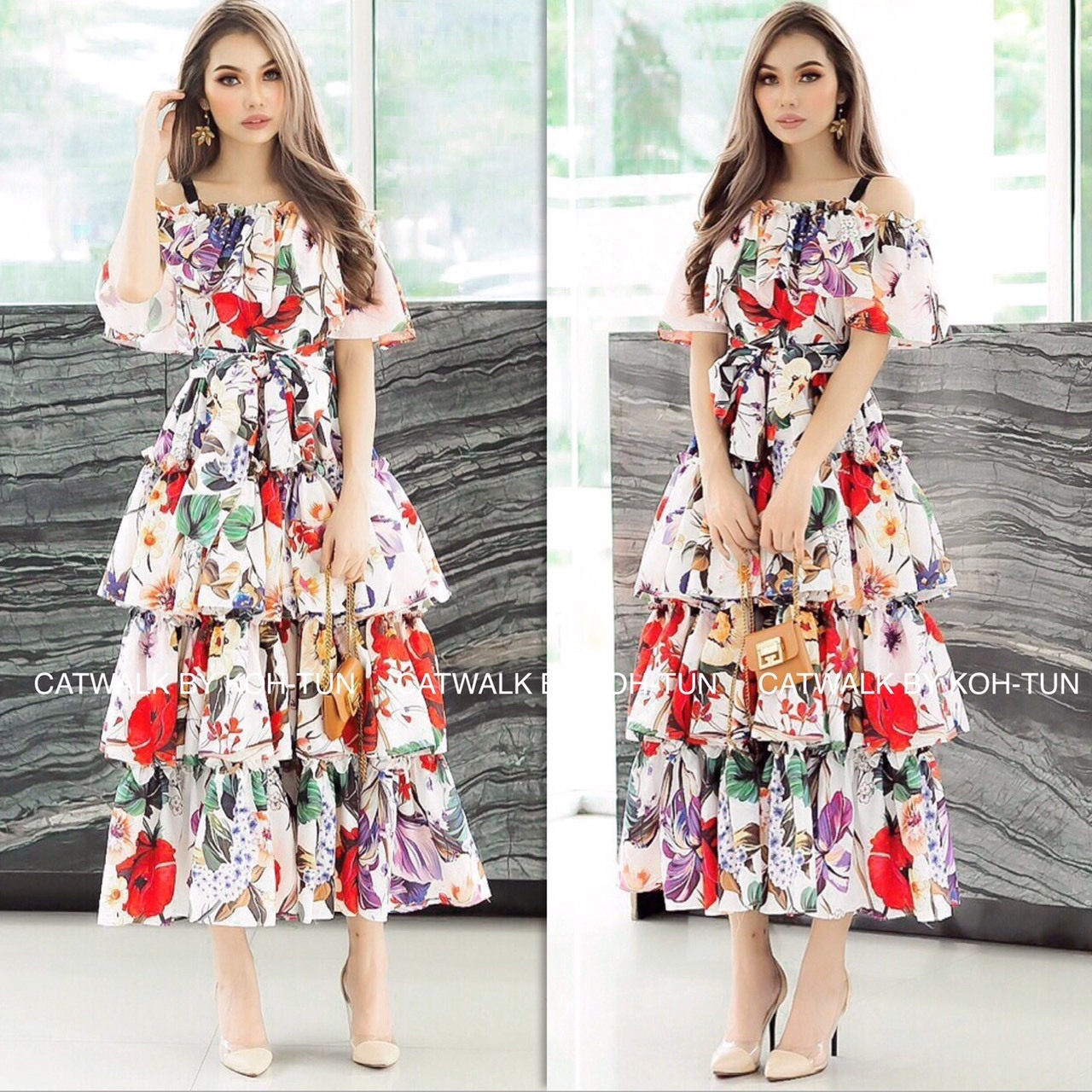 ชุดเดรสเกาหลี พร้อมส่ง แม็กซี่เดรส ปริ้นส์ลายดอกไม้