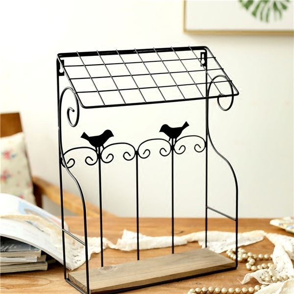 Pre-Order ชั้นวางของพื้นไม้ บ้านเหล็กดัดลายนก Zakka มีสีดำ กับครีม