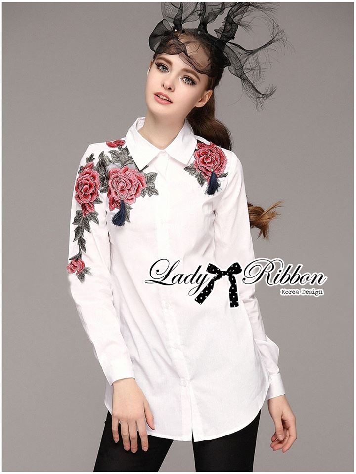 พร้อมส่ง เชิ้ตปักลายดอกกุหลาบประดับพู่