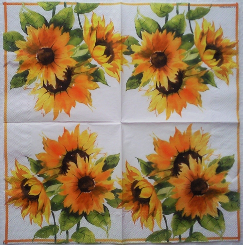 แนวภาพดอกไม้ ดอกทานตะวัน สีน้ำ Sunflower เป็นภาพบล็อค 4 กระดาษแนพกิ้นสำหรับทำงาน เดคูพาจ Decoupage Paper Napkins ขนาด 33X33cm