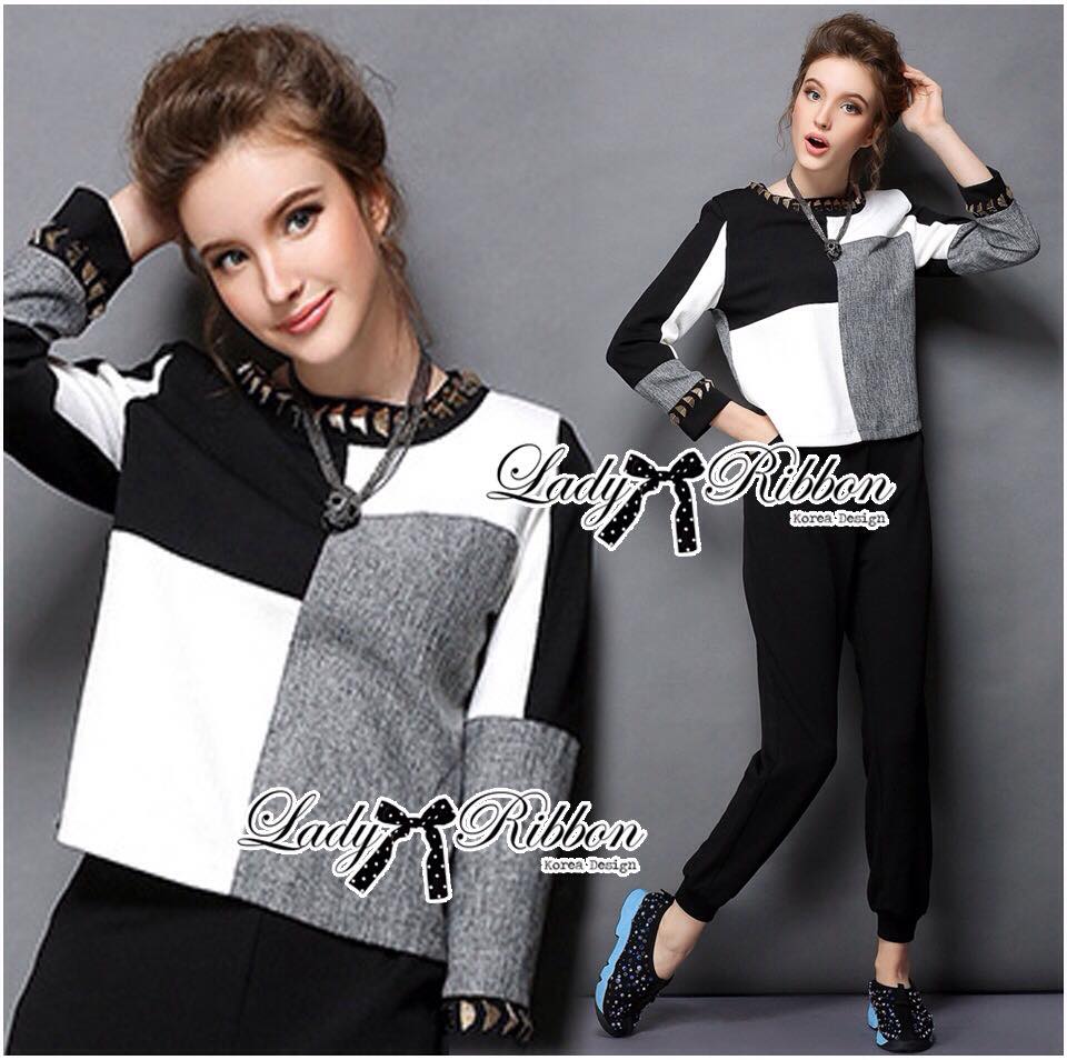 พร้อมส่ง เซ็ตเสื้อปักหมุดและกางเกงขายาวสีดำ เสื้อผ้าแฟชั่น