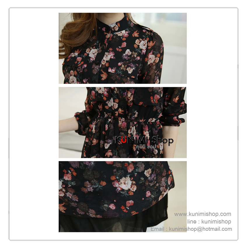  ชุดเดรสสีดำ ผ้าชีฟอง ลายดอกไม้สวหวาน      เสื้อคอจีน กระดุมผ่าหน้า แขนยาว ช่วงเอวจั้มยางยืด      สามารถขยายได้ตามรูปร่าง  กระโปรงมีซับใน ผ้าพริ้ว ใส่สบายคะ        Size M   :      ไหล่กว้าง   36 cm.                            รอบอกไม่เกิน    80 - 92  cm .                            ความยาวชุด     81 cm.                                    ผ้า          :   ผ้าชีฟอง                   