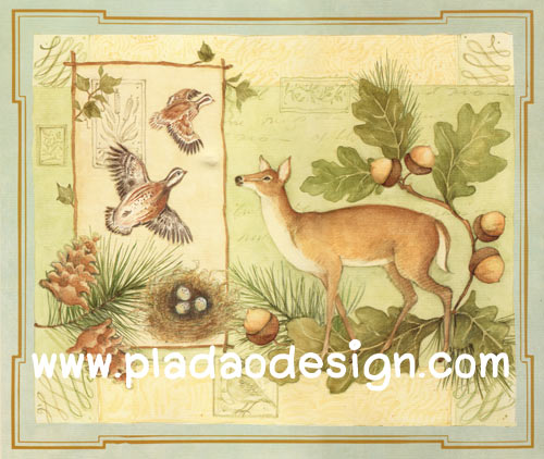 กระดาษสาพิมพ์ลาย สำหรับทำงาน เดคูพาจ Decoupage แนวภาำพ ภาพวาดสีหวาน นกน้อย2ตัว บินเฉี่ยวหัวพี่กวางไปหาอาหารอยู่ใกล้รัง พื้นหลังสีเขียว ซอฟท์ๆ ภาพในกรอบแบบหลุยส์ (ปลาดาวดีไซน์)