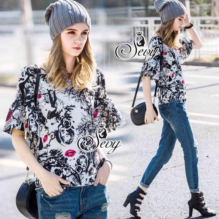 พร้อมส่ง เสื้อยืดคอกลม ดีเทลแขนบานระบาย