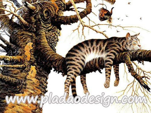 กระดาษสาพิมพ์ลาย สำหรับทำงาน เดคูพาจ Decoupage แนวภาำพ เจ้าแมวตัวดีซนเป็นที่หนึ่ง ปีนขึ้นไปนอนห้อยแขนห้อยขาบนกิ่งไม้