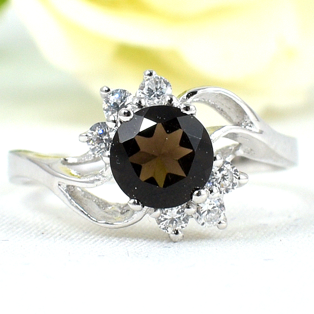 SKJewelryFactory แหวนเงินแท้ 92.5% ฝังพลอยสโมกกี้ควอทซ์แท้ ER01653-SMQ