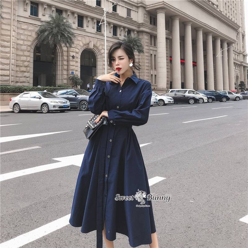 ชุดเดรสเกาหลี พร้อมส่ง เดรสเชิ้ตแขนยาว เอวจับจีบ