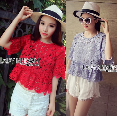 พร้อมส่ง เสื้อผ้าลูกไม้ตัวสั้น เสื้อแฟชั่น