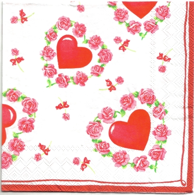 แนวภาพ Valentine หัวใจในกรอบกุหลาบ เป็นภาพกระจายเต็มแผ่น กระดาษแนพกิ้นสำหรับทำงาน เดคูพาจ Decoupage Paper Napkins ขนาด 33X33cm