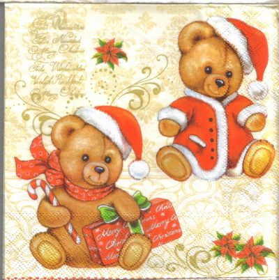 แนวภาพคริสต์มาส หมีคู่ Santa Teddy Bear ของขวัญ เป็นภาพบล็อค 4 กระดาษแนพกิ้นสำหรับทำงาน เดคูพาจ Decoupage Paper Napkins ขนาด 33X33cm
